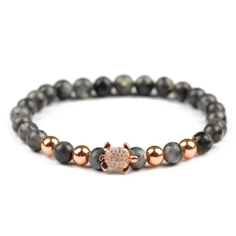 Natural 6mm Shimmer Stone Jewelry Wholesale Rose Gold Lucky Turtle Men's Bracelet