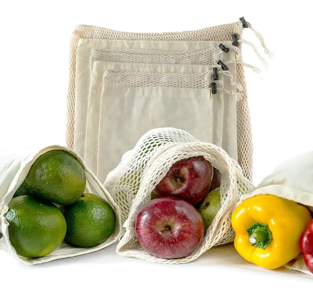 Eco friendly Reusable organic cotton mesh produce bag with drawstring for grocery shopping fruit vegetable potato gift
