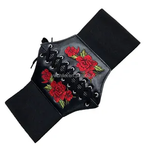 Cintura corsetto larga con lacci in PU con ricamo floreale Vintage