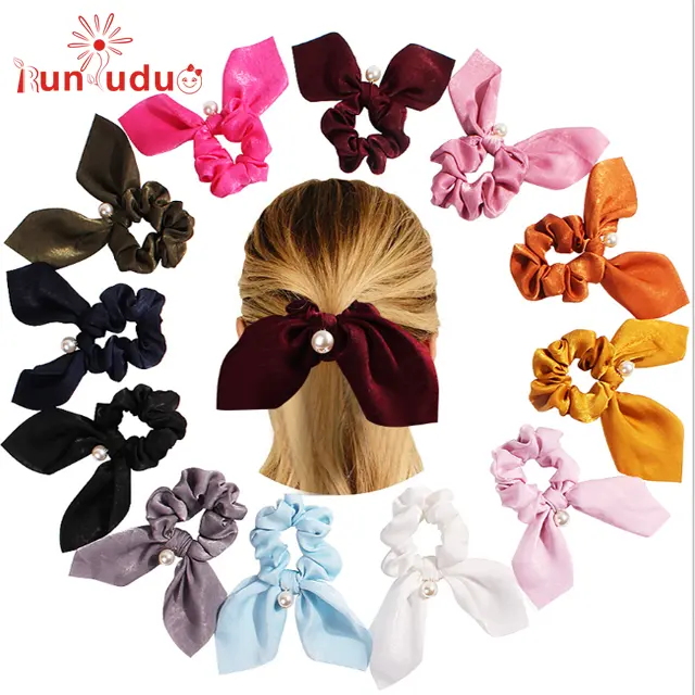 Fantastico Accessori Dell'orecchio di Coniglio di Velluto All'ingrosso Legami Dei Capelli Scrunchies Con Cuciture di Fascino (Marrone) Puro raso di colore