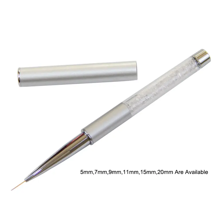 Серебристая акриловая металлическая ручка со стразами, очень тонкая ручка для рисования ногтей в полоску, кисть для дизайна ногтей с крышкой