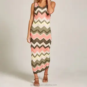 Geel Roze Gemengde Kleur Zigzag Maxi Jurk