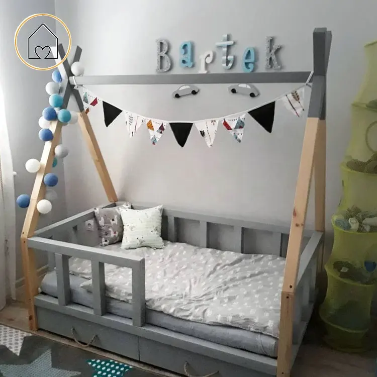 Jongens Birls Delen Kamer Gemakkelijk Monteren Slaapkamer Meubels Grijs Houten Bed Tipi Bed Freeze