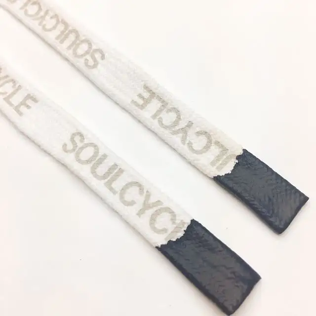 white custom logo printed flat cotton cord with dipping end