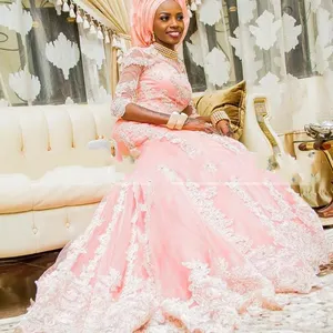 NE291 abiti da sposa a sirena musulmana in stile africano con mezza manica Appliqued abito da sposa nigeriano coperto Vestido de Novia