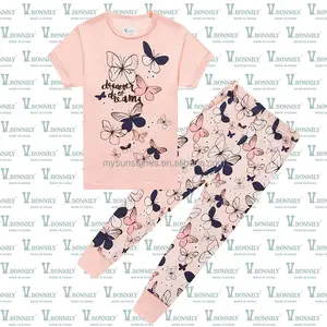 Pijamas infantis 2-7 anos, pijamas princesa, para crianças, manga curta, de algodão, borboletas