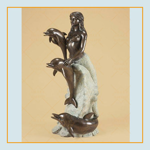 Grande sculpture de bronze d'une femme <span class=keywords><strong>nue</strong></span> en plein air, statue de sirène avec dauphin - Product Image 6