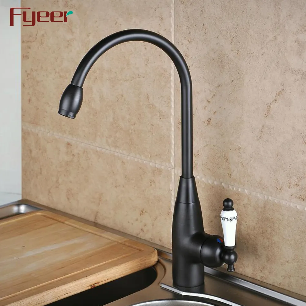 Fyeer ORB Matte Black Cổ Ngỗng Kitchen Sink Faucet với Xử Lý Gốm