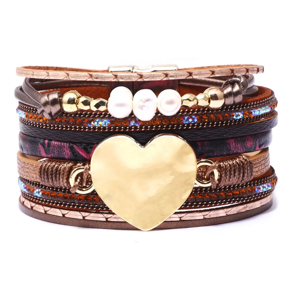 3PCS Pearls Gold Heart Charm Layers PU Leather Women Bracelet with magnetic clasp,magnetic closure leather bracelet