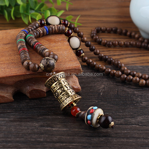 Handgemaakte Nepal Sieraden Boeddhistische Mala Houten Kralen Hanger Ketting Etnische Hoorn tinetan Lange Statement Ketting Voor Vrouwen Mannen