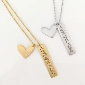 Stainless Steel Custom Jewelry Women Meaning Statement Stamping Bar Heart Pendant I Love You More Necklace