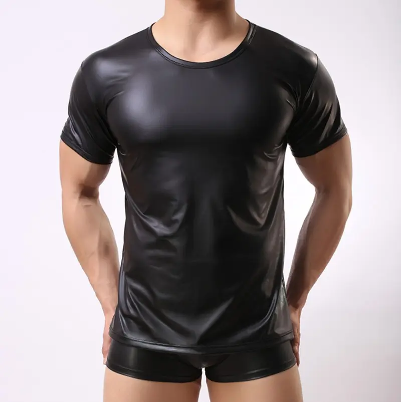 Sıcak Satış Kısa Kollu tişörtlü O boyun Pu Deri Erkek Üstleri Elastikiyet Sıkı Spor Tees Moda Şık