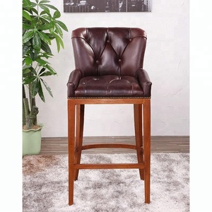 Vintage French Outdoor Barstool Teak <strong>Bar</strong> <strong>Stools</strong> Chair Genuine Top Grain <strong>Leather</strong>/PU Oak Wood Leg Buttons Restaurant - Product Image 6