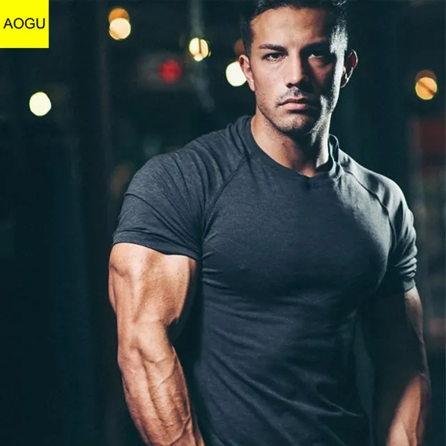 AOGU Custom Fitness Gym Polyester Quick Dry Bodybuilding Seamless Men T Shirt
