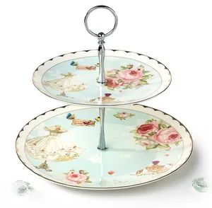 Groothandel Gerechten Bloemen Ontwerp Gouden Rand Keramische Porselein 2-Tie Cake Stand Servies Set Wegwerp Servies