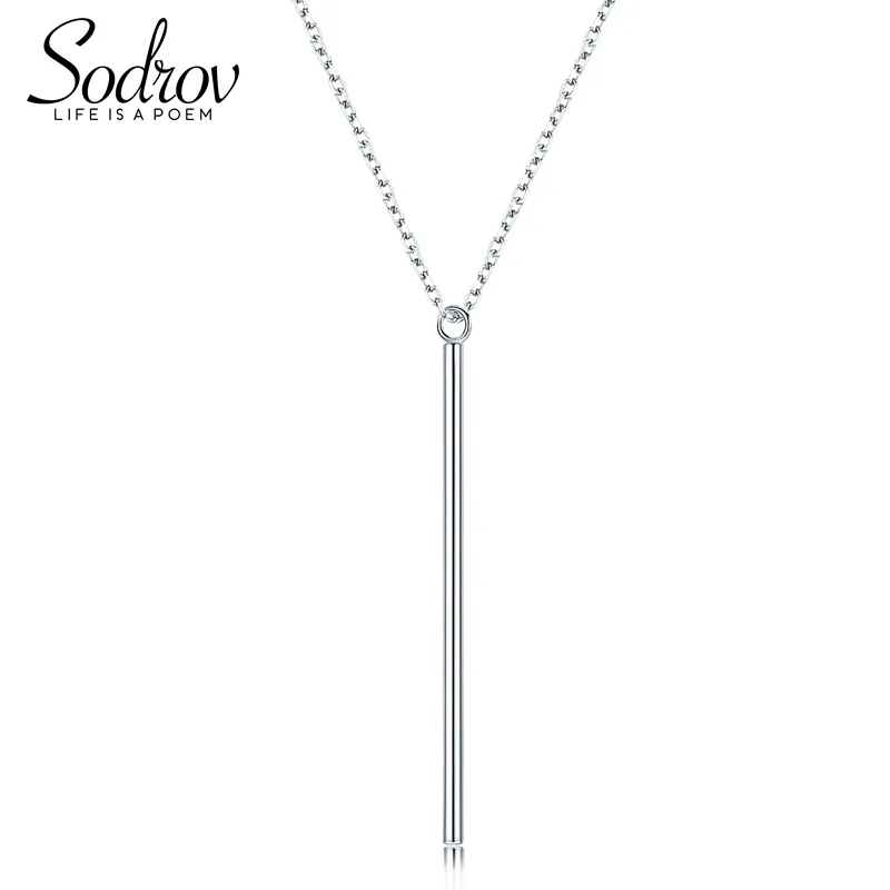 925 Silver Simple Stick Pendant Necklace For Women Long Link Chain White Gold Choker Fine Jewelry HN020