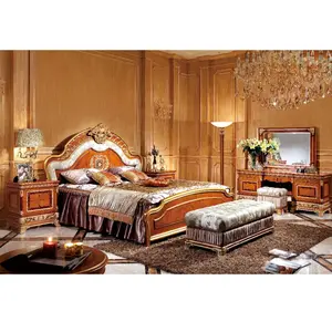 YB62-2 luxury gold foil italian classic style cherry color wood carving bedroom furniture