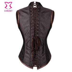 Vintage Brown Underbust Collared <strong>Cupless</strong> Steampunk Half Cup Bustier Gothic Waist Cincher <strong>Corset</strong> - Product Image 6