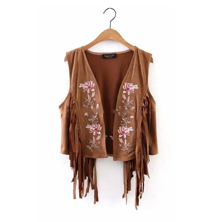women fashion flower embroidery fake suede short vest with fringes