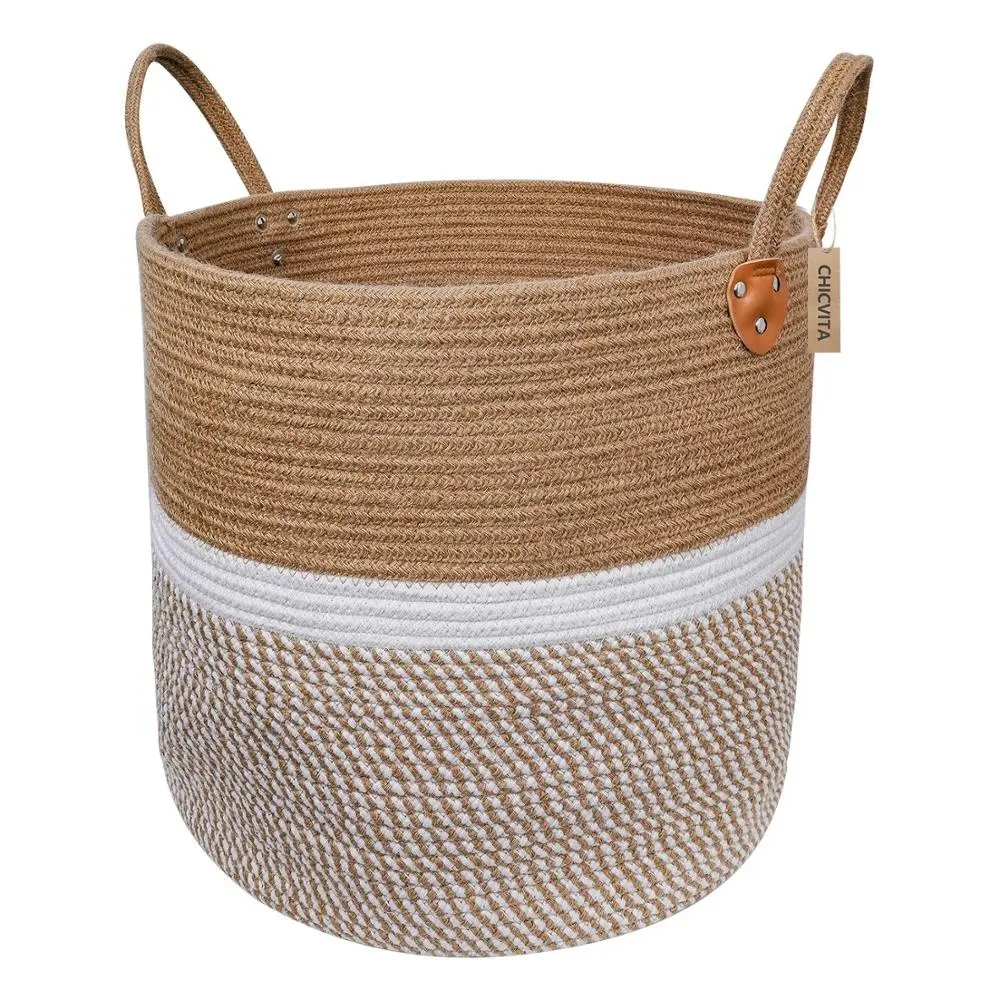 Extra Large Jute Basket Woven Storage Basket with Handle/ Natural Toy Towels Blanket Basket, 16*16inch