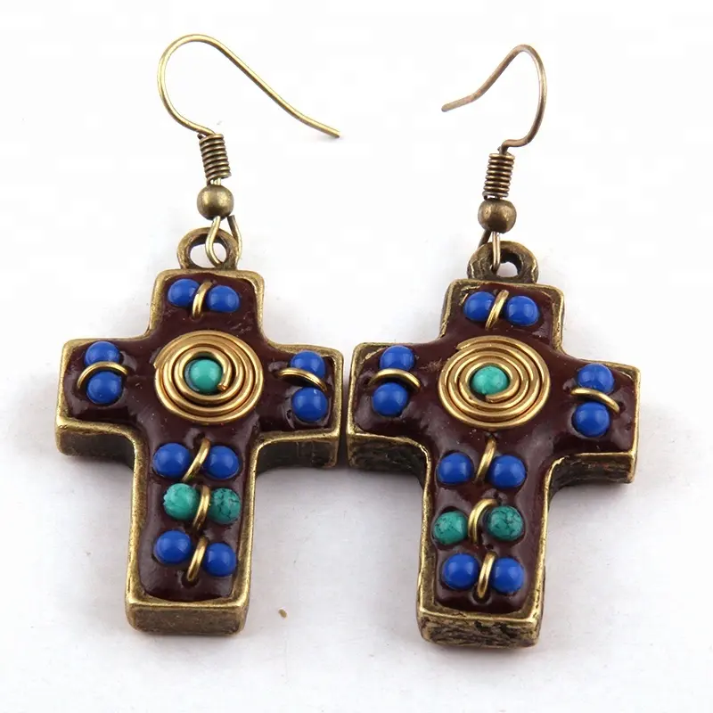 Fashion Jewelry Antique Bronze Cross With Beads African Red Turquoise Decoration Pendant Earring For Women