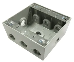 Two-Gang Weatherproof Box,Threaded Outlets, Gray Finish