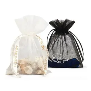 round sheer candy gift drawstring custom organza bag with printed ribbon