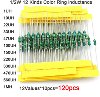 0307 DIP 1/4W 12 types d'inductance d'anneau de couleur chaque 10 pièces inducteurs ensemble assorti Kit 1UH 10 22 33 47 100 150 220 330 470 560 1MUH
