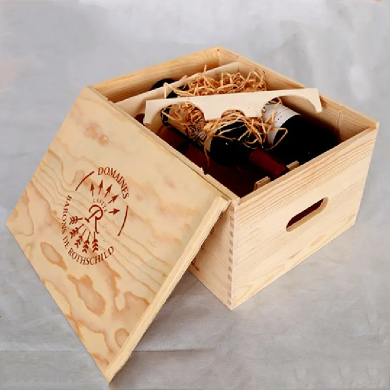 Wholesale solid wood custom wine gift box hand made sliding lid 6 bottle wooden boxes for wine bottles