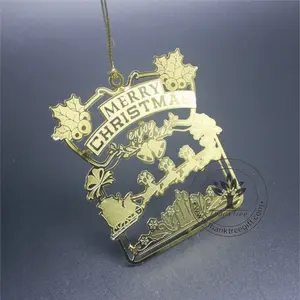 Christmas style metal etched gold plated 3d brass ornament