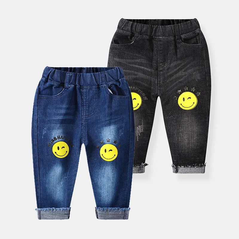 Bayi Celana Anak Jeans Kartun Smiley Wajah Cetak Rolled Hem Leg Stretch Jeans