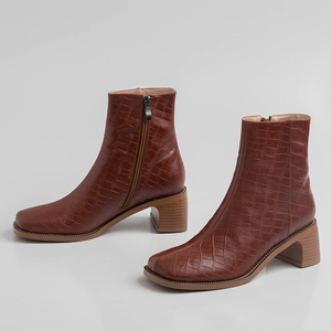 WETKISS Elegante Signora Ufficio Scarpe a Punta Quadrata In Rilievo Stivali di Cuoio Genuini Cerniera Up Della Caviglia Stivali <span class=keywords><strong>Tacco</strong></span> <span class=keywords><strong>Basso</strong></span> Stivali All'ingrosso - Product Image 5