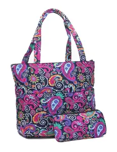 2pc Monogrammed Paisley Pattern Quilted Tote Bag Set mit make-up tasche