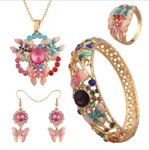 Luxury 24K Gold Plated Austrian crystal necklace earring ring bangle 4 wedding jewellery sets