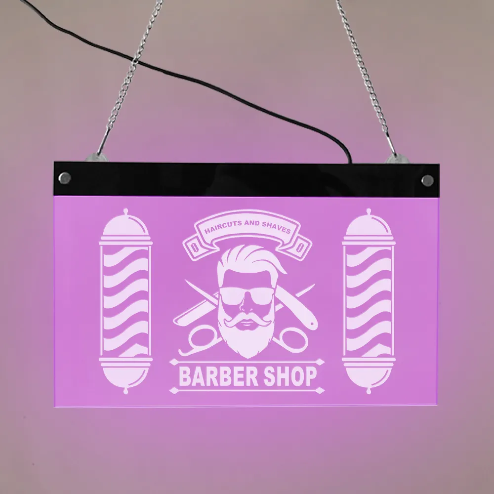 Benutzerdefinierte Barber Shop LED Neon Zeichen Barber Pole Styling Logo Haarschnitte Und Shaves Acryl Hängen Dekorative Bord Friseur Geschenk