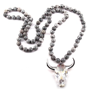 Collar con colgante de cabeza de amazonita Natural para mujer, colgante de cristal anudado con calavera de búhos, cuerno de toro - Product Image 2