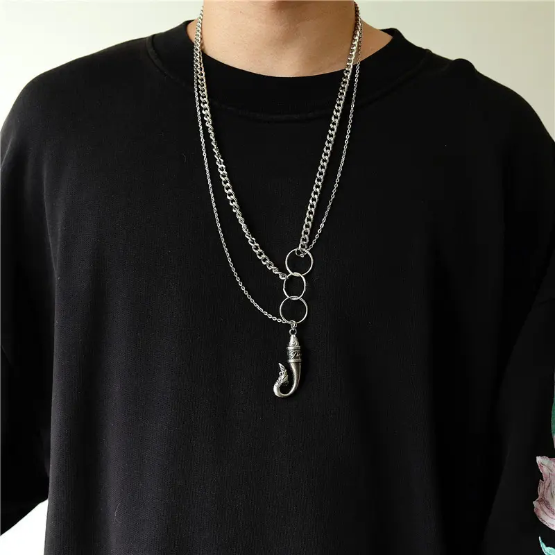 Groothandel Retro Eenvoudige Hanger Metalen Dubbele Laag Hoorn Tags Ketting Heren HipHop Trui Ketting