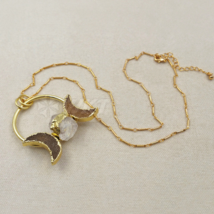 WT-N1075 WKT Wholesale Fashion Crescent Horn Drusy Ball Clear <strong>Crystal</strong> 24k <strong>Real</strong> Gold Plated Stick Chain <strong>Crystal</strong> Druzy Necklace - Product Image 3