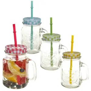 Glas trinkbecher mit Griff & Stroh gläser Einmach glas Aufbewahrung flaschen & Gläser CLASSIC Beverage BSCI Nachhaltiger Glaska nister