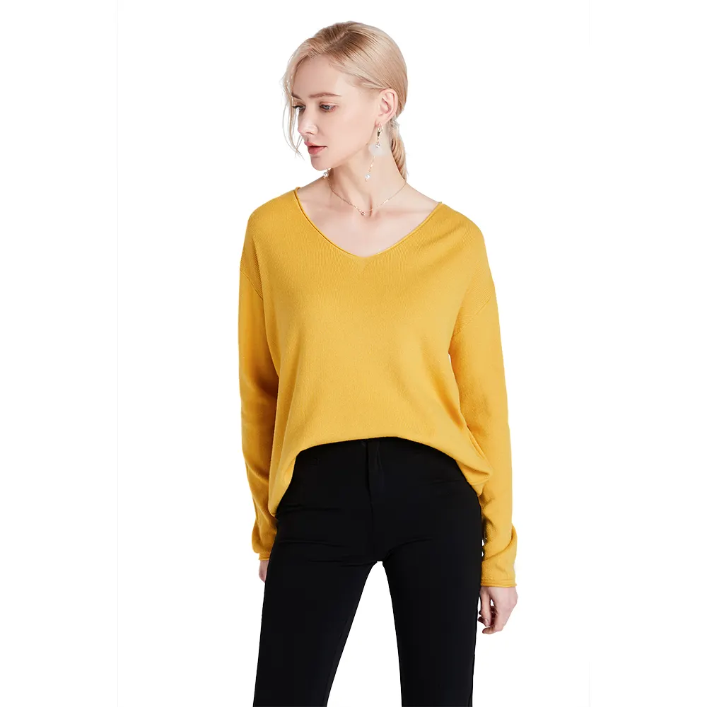 V Neck Long Sleeve Soft Knitted Sweater, Yellow Computer Ladies Knit Sweater, Pullover Knit sweater
