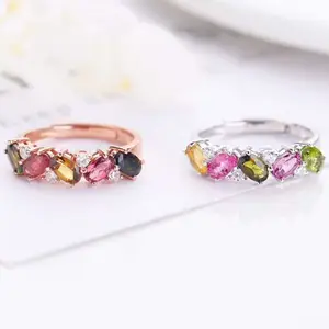 Cincin Turmalin Perempuan Dapat Disesuaikan Warna-warni Alami Online 925 Perhiasan Perak Grosir