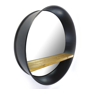 Miroir rond mural suspendu de 79,5 cm (31 pouces) avec cadre en métal noir décoratif et étagère en bois massif pour salle de bain ou salon - Product Image 2