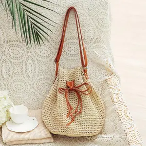 Natural Color Raffia Straw Drawstring Handbag, Straw Beach Handbag