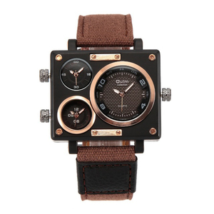 Oulm-Reloj de pulsera de cuarzo para hombre, cronógrafo deportivo de cuarzo de lujo con esfera rectangular grande, 3 zonas horarias, cuero de lona, estilo Retro, 3595 - Product Image 5