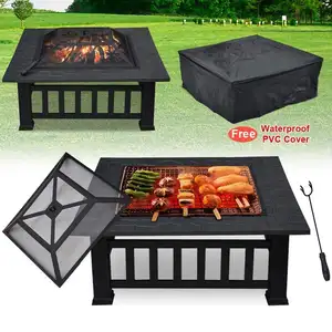 32 Inch Outdoor Garden Fire Place Square Backyard Fire Pit With Cover Black