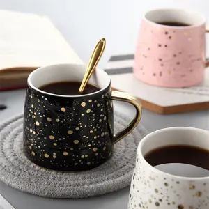 Custom Creative Star Sky Gold Handle Ceramic Reusable Coffee Mug with Gold Holder Tea Cups Christmas Gift
