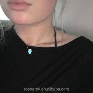 Collar con Colgante de Ópalo Azul Indio <span class=keywords><strong>Hamsa</strong></span> para Niñas y Mujeres, Cadena de Acero Inoxidable con Eslabones Bonitos para Aniversarios - Product Image 4