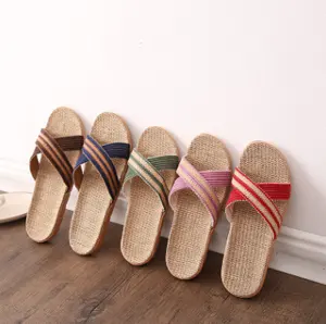 Summer new comfortable linen slippers for men and women home indoor large base antiskid breathable couple slippers