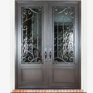 Hot Sale Matte Black finish Paint Wrought Iron Double Door with Handle and Openable Window