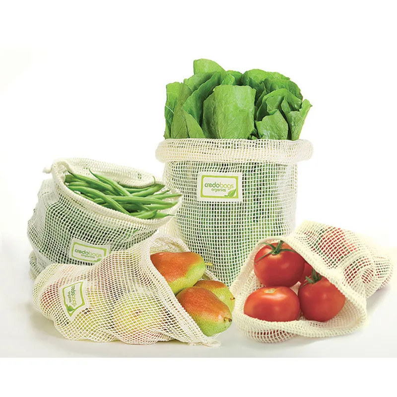 Sac en maille de coton organique réutilisable, écologique, sachet avec cordon de serrage, pour l'achat de fruits, légumes, pommes de terre, cadeau pour l'achat